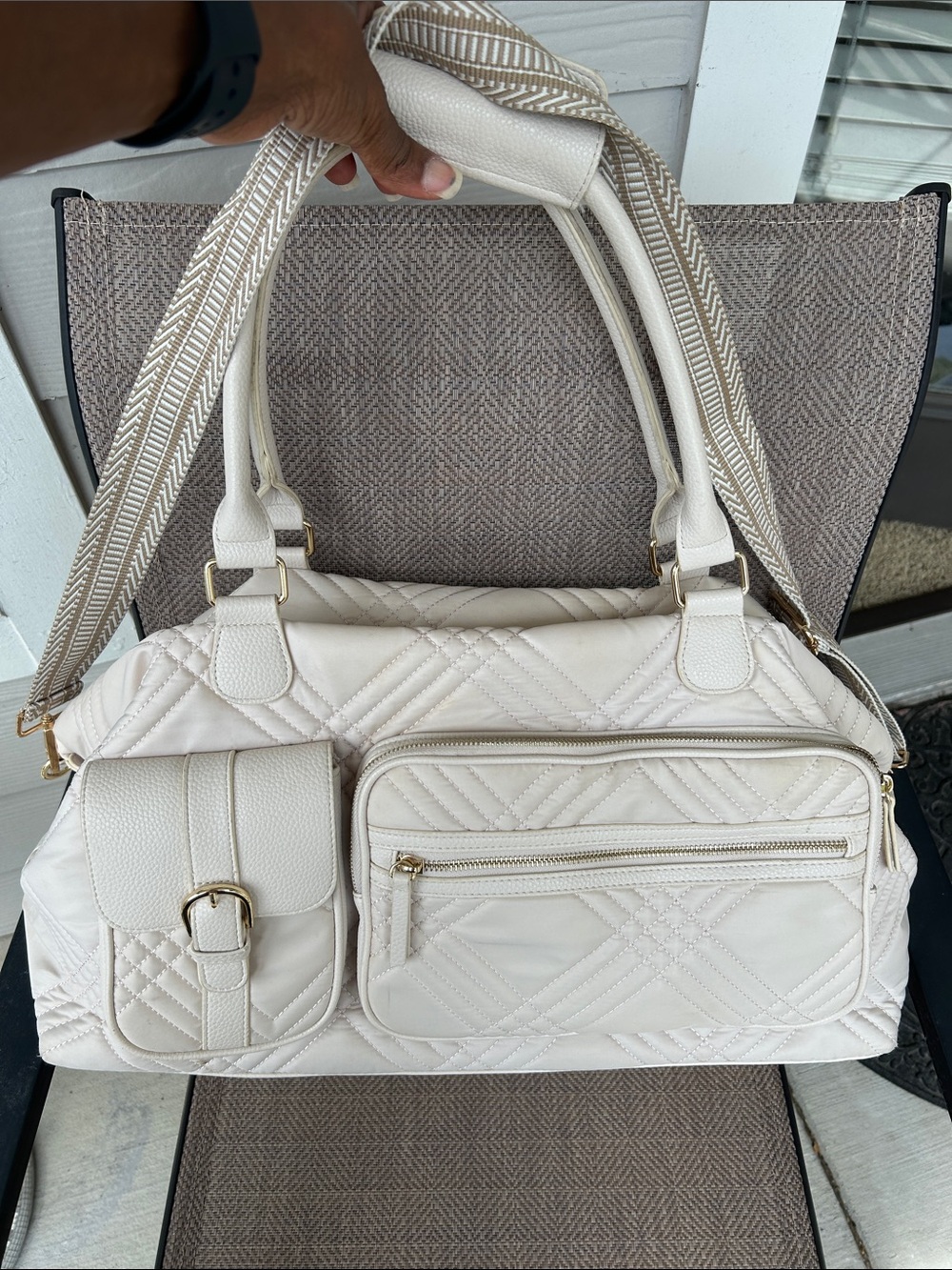 TOMMY BAHAMAS Quilted nylon Cream Convertible Carryall Tote Bag.